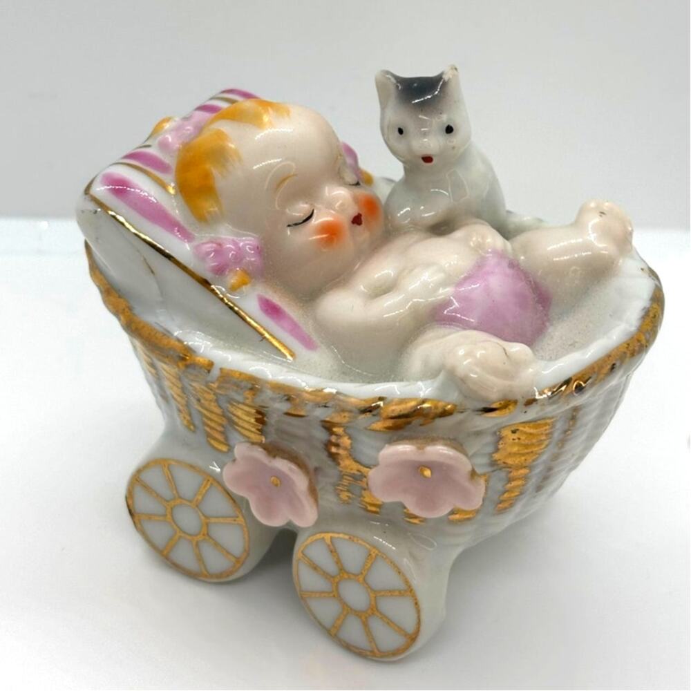 Vintage Baby in Buggy with Kitten, Flowers Porcelain Figurine, Decoration